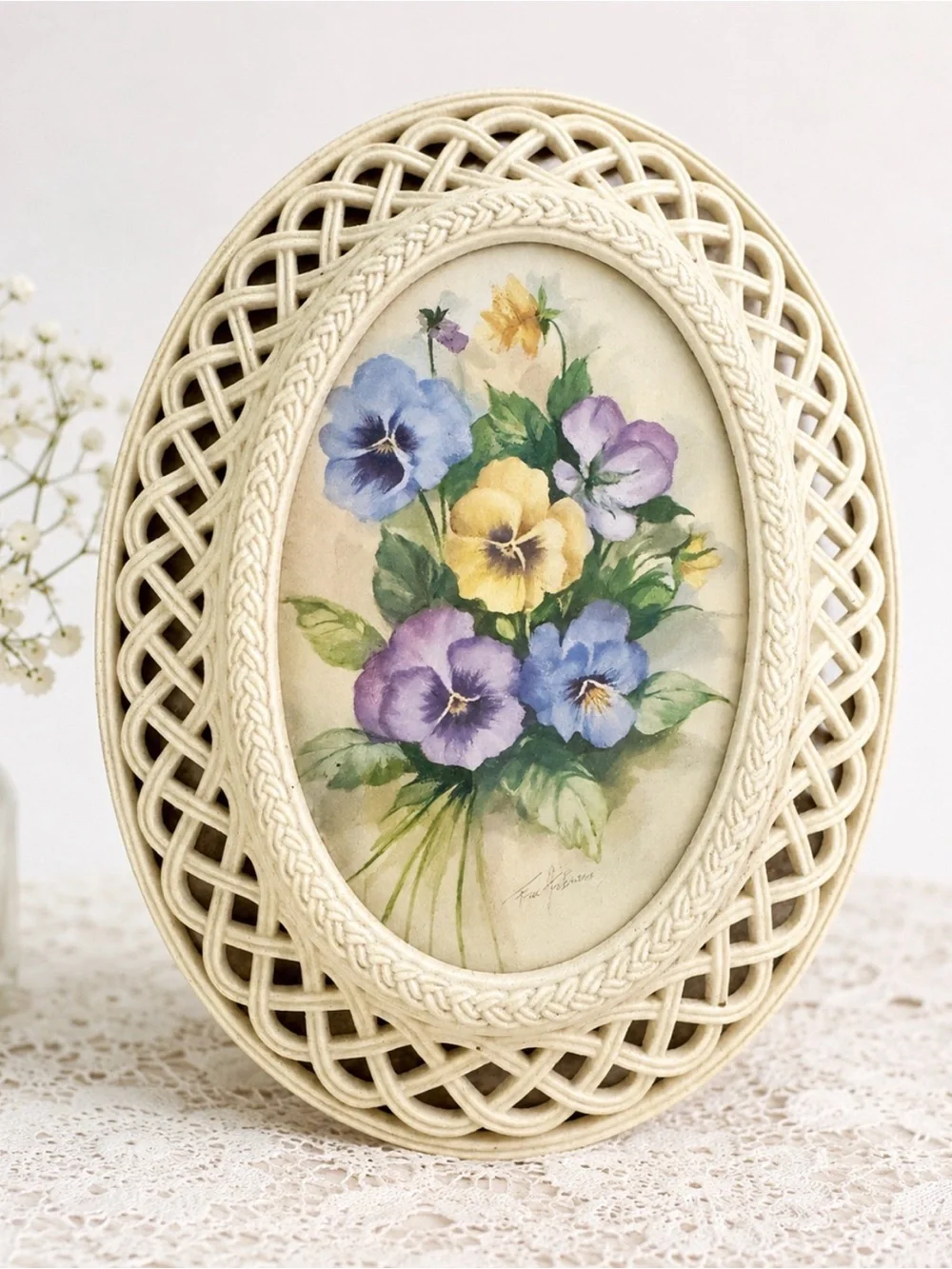 Pansy Floral Print in Vintage Wicker Frame | Cottagecore Botanical Wall Art